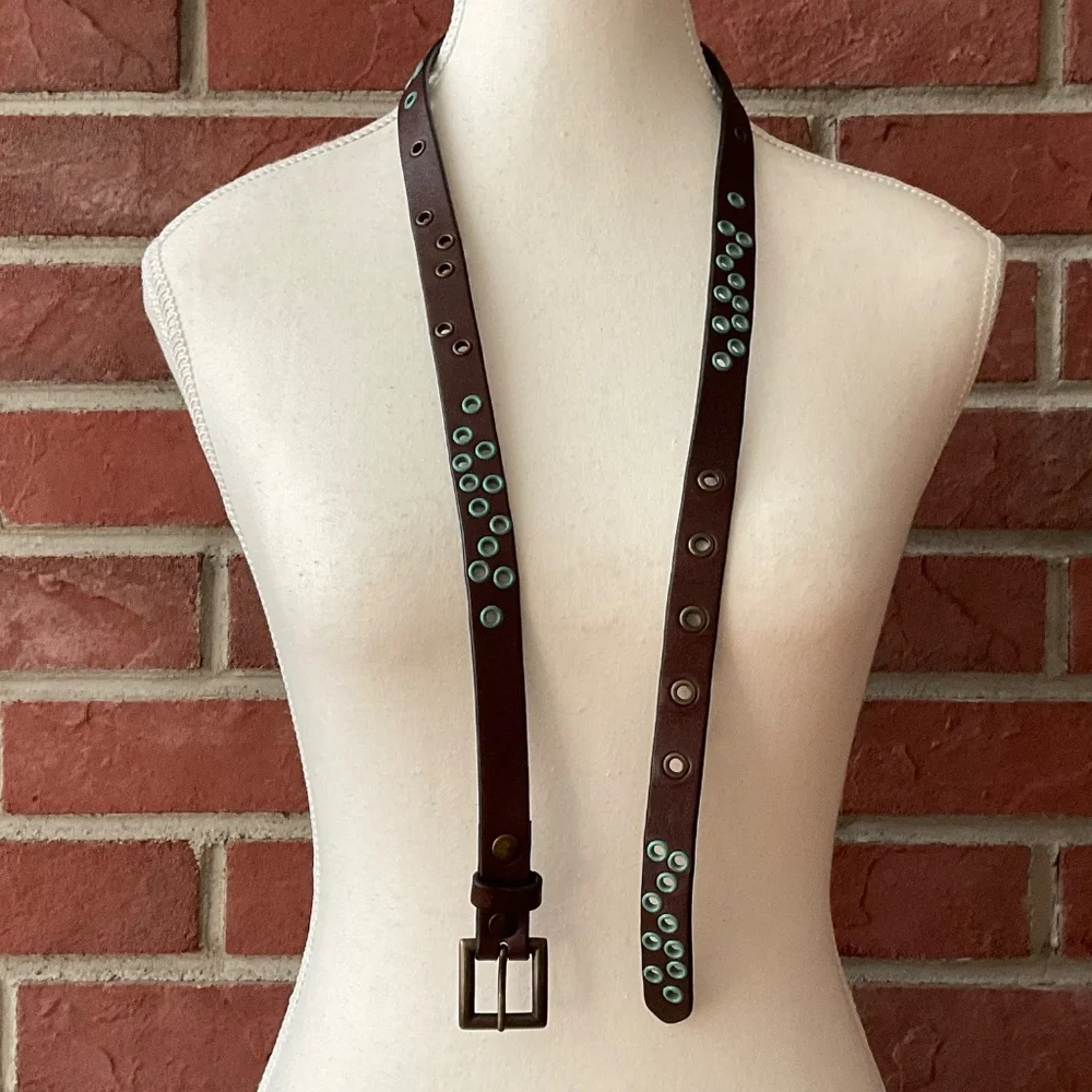 Brown Leather Boho Belt Blue Decorative Holes Size 31”-35”